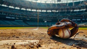 AI generated A baseball and glove on the pitcher's mound with stadium seating around photo