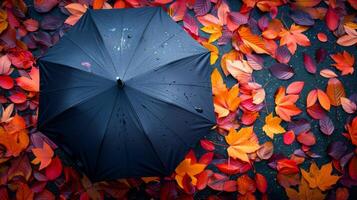 AI generated Umbrella shielding from a shower of colorful autumn leaves photo