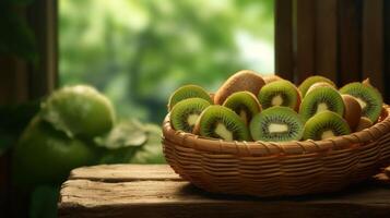 AI generated Sliced kiwis with a tropical vibe in a stylish basket photo