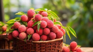AI generated Basket overflowing with sweet, flavorful lychees photo