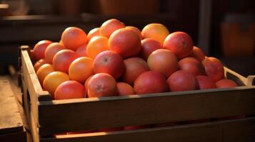 AI generated Warm light enhances rustic crate of blood oranges photo