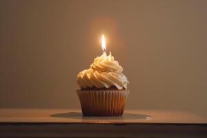 AI generated Cupcake with a single candle. photo