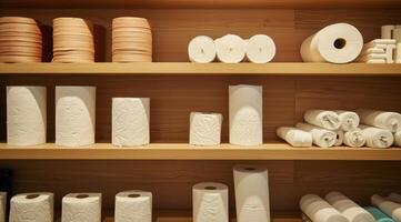 AI generated Toilet paper on shelves. photo
