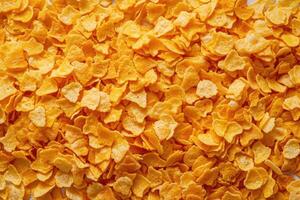 AI generated Golden cornflakes background and texture View from above cornflakes healthy breakfast photo