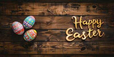 AI generated Happy Easter text with beautiful colorful eggs over rustic wood. photo