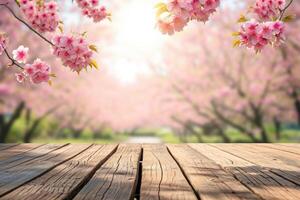 ai generado vacío de madera mesa en sakura flor parque con jardín bokeh antecedentes con un país al aire libre tema, modelo burlarse de arriba para monitor de producto foto