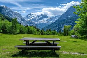 AI generated Picnic table in a bright clearing in the mountains. photo
