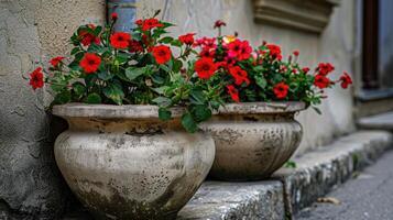 AI generated Decorative flowers in cement pots. photo