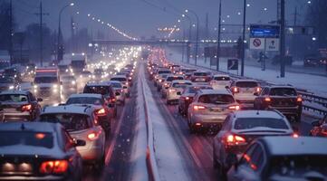 ai generado moderno carros son atascado en un tráfico mermelada en un autopista en invierno. foto