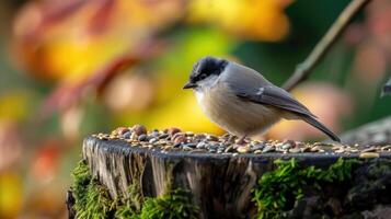 ai generado adorable pantano teta parus palustris comiendo semillas foto