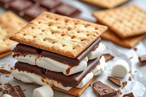 AI generated Homemade marshmallow s'mores with chocolate on crackers. photo