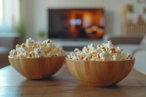 AI generated Two wooden bowls with fresh popcorn, on the background of a home interior with a TV. photo