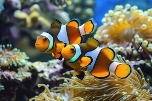 AI generated Portrait of a clown fish swimming by the coral reef. photo