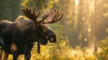 AI generated Close-up of moose in a summer forest, morning sunlight. photo