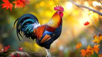 AI generated Beautiful rooster on nature background. photo