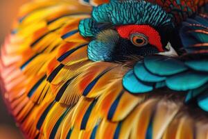 AI generated Closeup abstract background image of colorful ring-necked pheasant feathers. photo