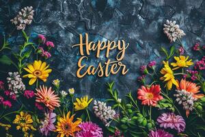 AI generated Happy easter text with beautiful colorful flowers bouquet. photo