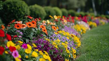 AI generated Multi-colored flower bed in the park. Outdoor summer gardening. photo