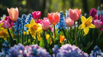 ai generado vistoso tulipanes, narciso, jacintos, lirio, hortensias, flores en primavera parque. foto