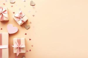 AI generated Valentine's Day concept. Top view photo of gift boxes with ribbon bows heart shaped candies candles