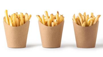 AI generated Golden brown and crispy french fries served on a brown paper bucket isoalted on white background. photo