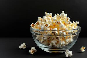 AI generated Glass bowl with popcorn on black background. photo