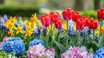 AI generated Colorful tulips, narcissus, hyacinths, lily, hydrangeas, flowers in spring park. photo