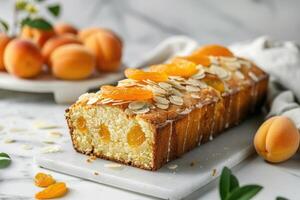 AI generated Pound cake with slivered almonds on top, apricots in background, on a white marble background photo