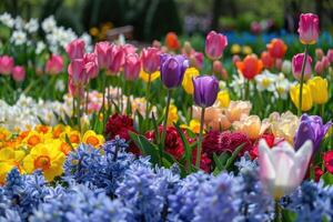 AI generated Colorful tulips, narcissus, hyacinths, lily, hydrangeas, flowers in spring park. photo