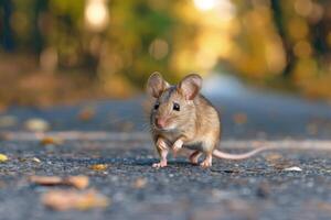 AI generated Mouse standing on the road near forest at early morning or evening time. Road hazards, wildlife and transport. photo