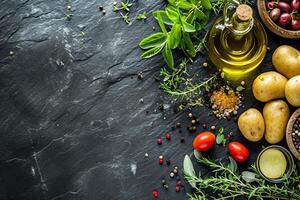 AI generated Food background. Top view of olive oil, potatoes, herbs and spices on rustic black slate. photo