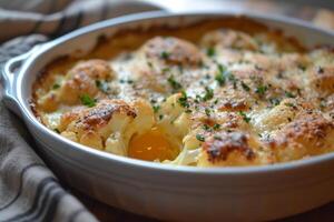 AI generated Baked cauliflower with eggs and parmesan. photo