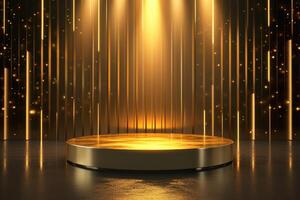 AI generated Podium product stand or display with gold, luxury background and cinematic light. photo