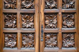 AI generated Wooden carved door close-up. photo