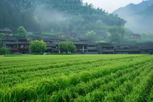 AI generated Empty green field Chinese village on background. photo