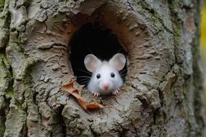 ai generado linda blanco ratón en el árbol agujero. foto