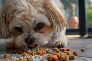 ai generado ver de perro comiendo comida desde un bol. foto