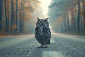 ai generado búho en pie en el la carretera cerca bosque a temprano Mañana o noche tiempo. la carretera peligros, fauna silvestre y transporte. foto