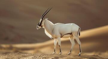 AI generated Arabian oryx antelope standing in the middle of a desert photo