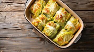 AI generated Baking dish with cooked cabbage rolls on wooden background. photo