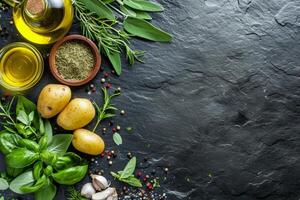 AI generated Food background. Top view of olive oil, potatoes, herbs and spices on rustic black slate. photo