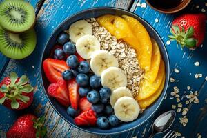 AI generated Healthy breakfast a bowl with fresh fruits and oats on wood top view. photo