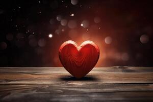 AI generated Red heart on wood with light on background. photo