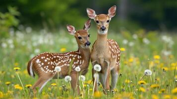 AI generated Two fawns standing in a field with dandelions. photo