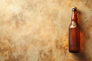 AI generated Beer advertisment background with copy space. A bottle of beer on a wooden background. photo