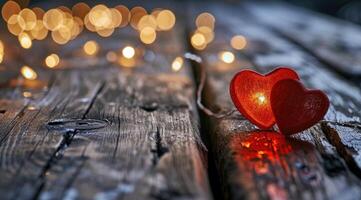 AI generated Red heart on wood with light on background. photo