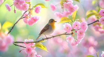 AI generated Little bird sitting on branch of blossom cherry tree. Spring time. photo