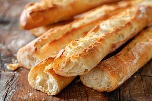 AI generated Chopped loaves of freshly baked french baguette bread on wooden table. photo