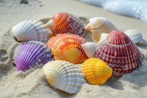 AI generated Collection of various colorful seashells on sand. photo