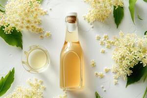 AI generated Elderflower syrup in a glass bottle without label top view on white background. photo